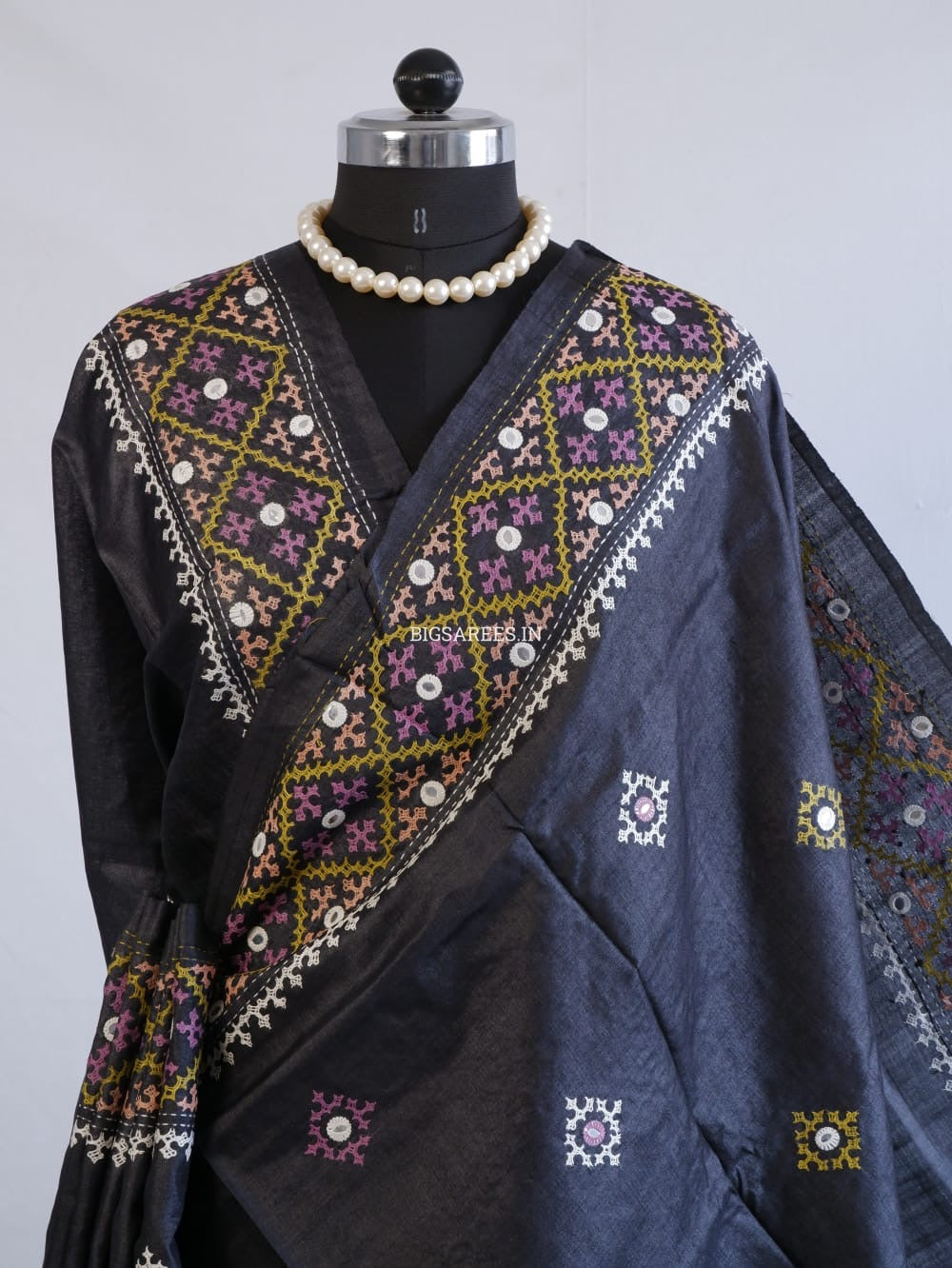 Kutchi Hand Embroidered Saree | Tassar Silk | Silk Marked | Black