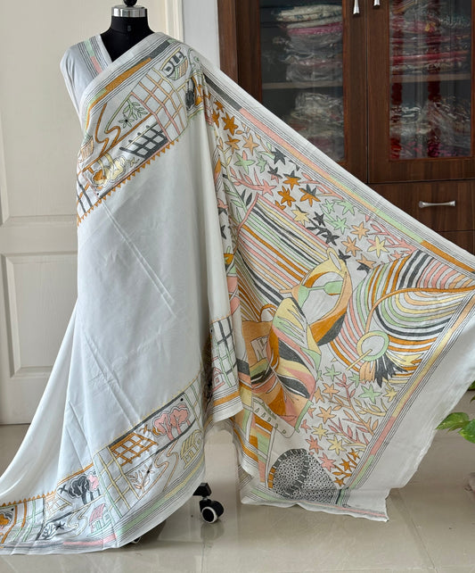 Off White Hand Embroidered Kantha Stitch Saree in Artificial Silk