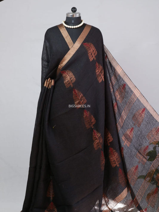 Pure Jayshree Linen Saree | Jamdani pattern | Black