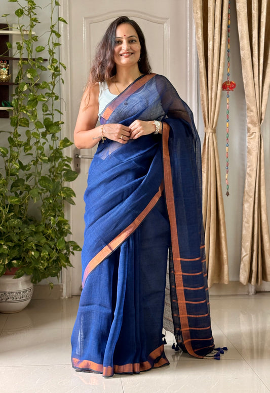 Navy Linen By Linen Saree With Blouse