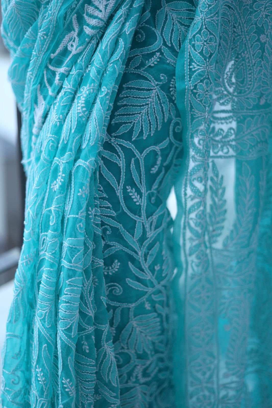 Blue Georgette Chikankari Work Hand Embroidered Saree