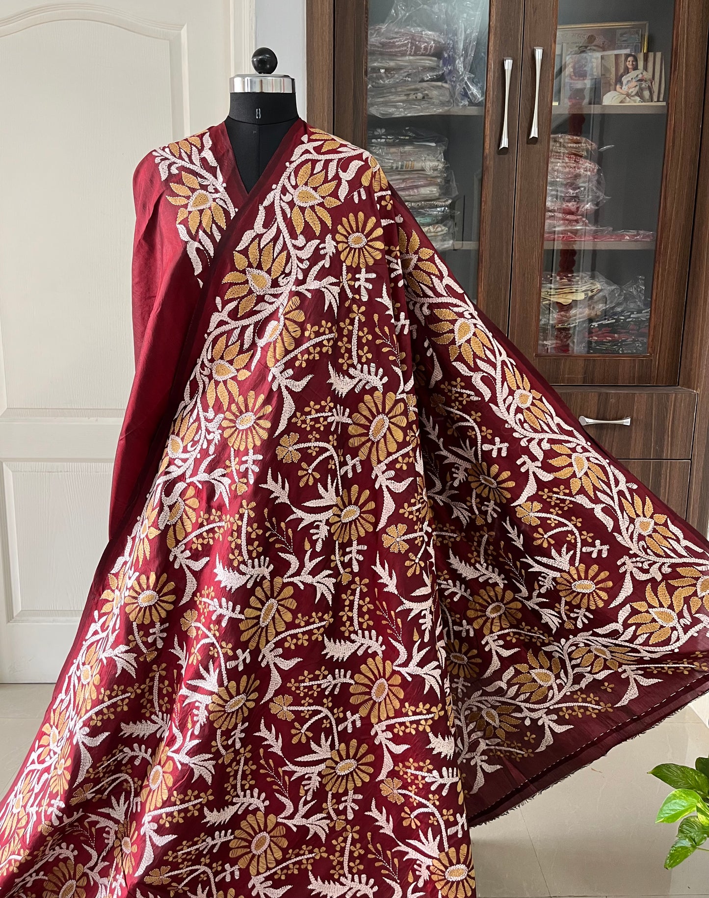 Maroon Kantha Stitch Hand Embroidered Pure Banglore Silk Saree