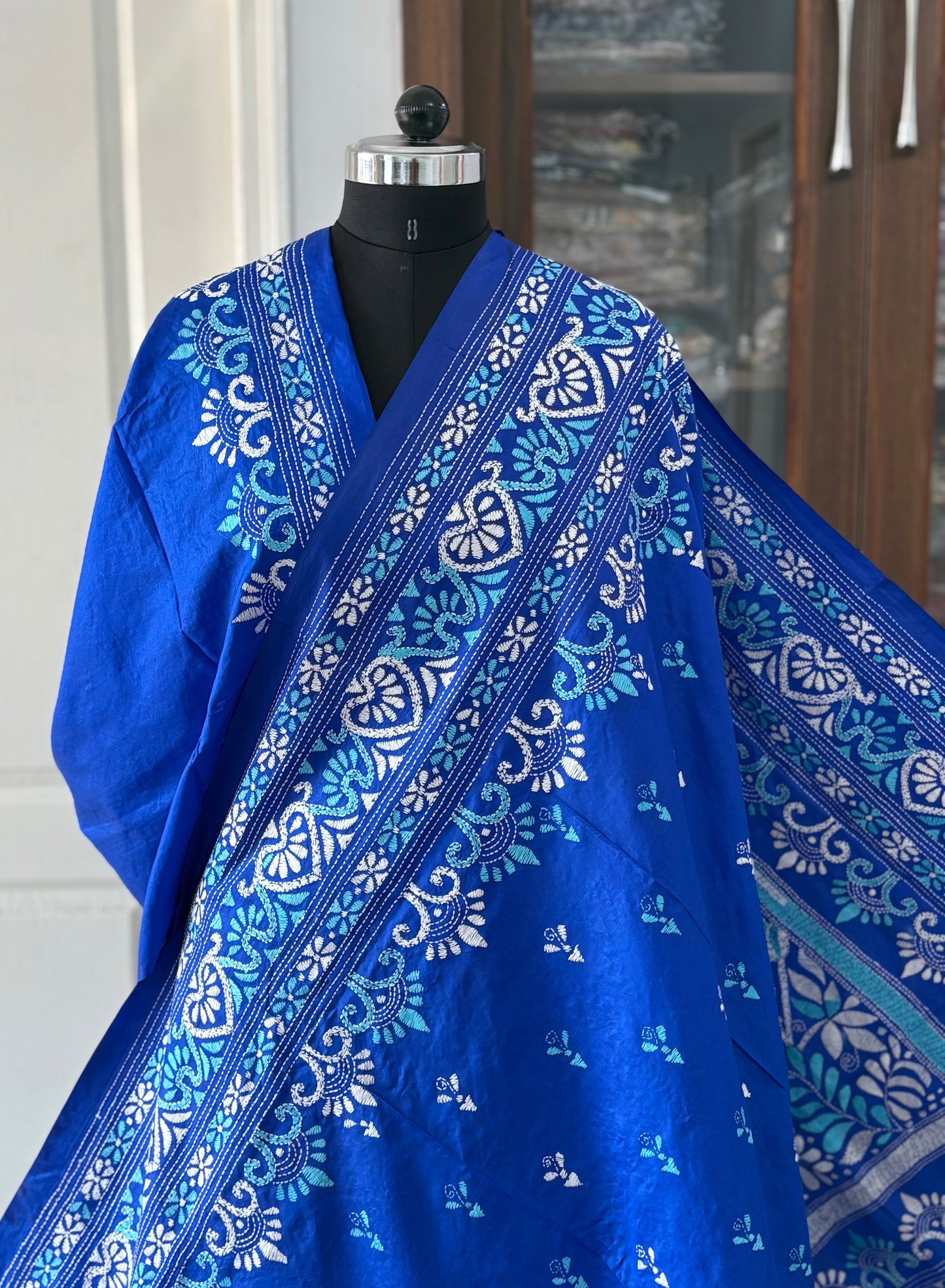 Kantha Stitch Hand Embroidered Pure Banglore Silk Saree (Silk Marked)