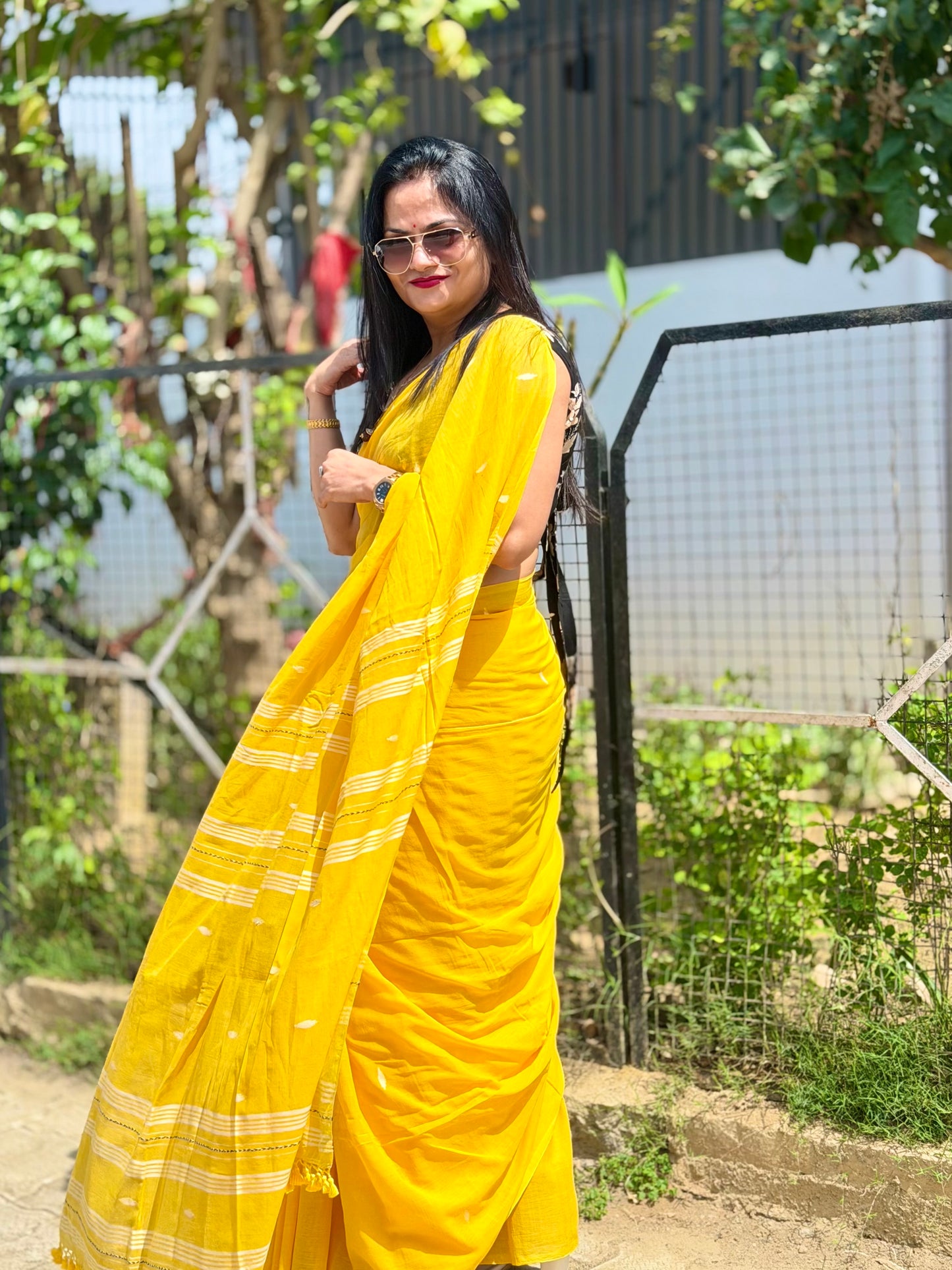 120 Count Mul Cotton Jamdani Butta Saree - Yellow