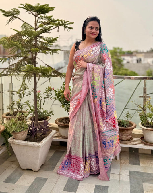Kantha stitch Hand Work Art Silk Saree With Blouse