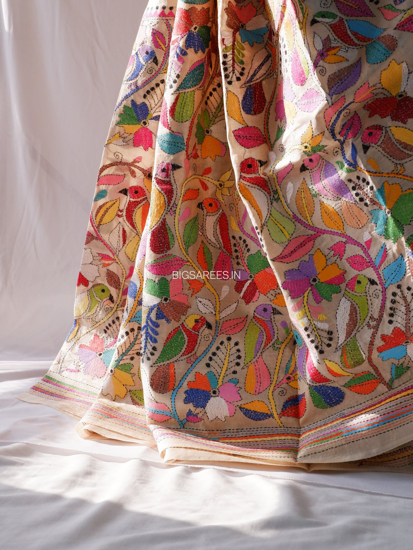 Kantha Stitch Hand Embroidered Saree | Pure Tussar Silk | Silk Mark Certified | Light Beige