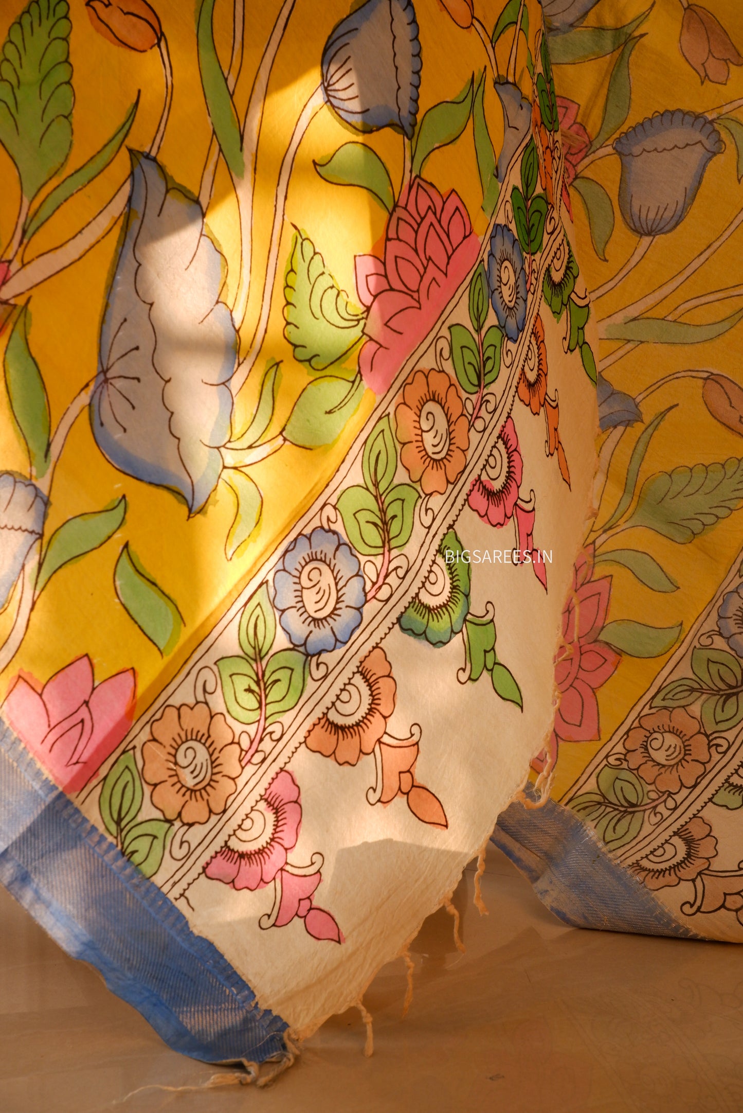 Pen Kalamkari Hand Painted Bangalore Silk Dupatta/Yellow/36"