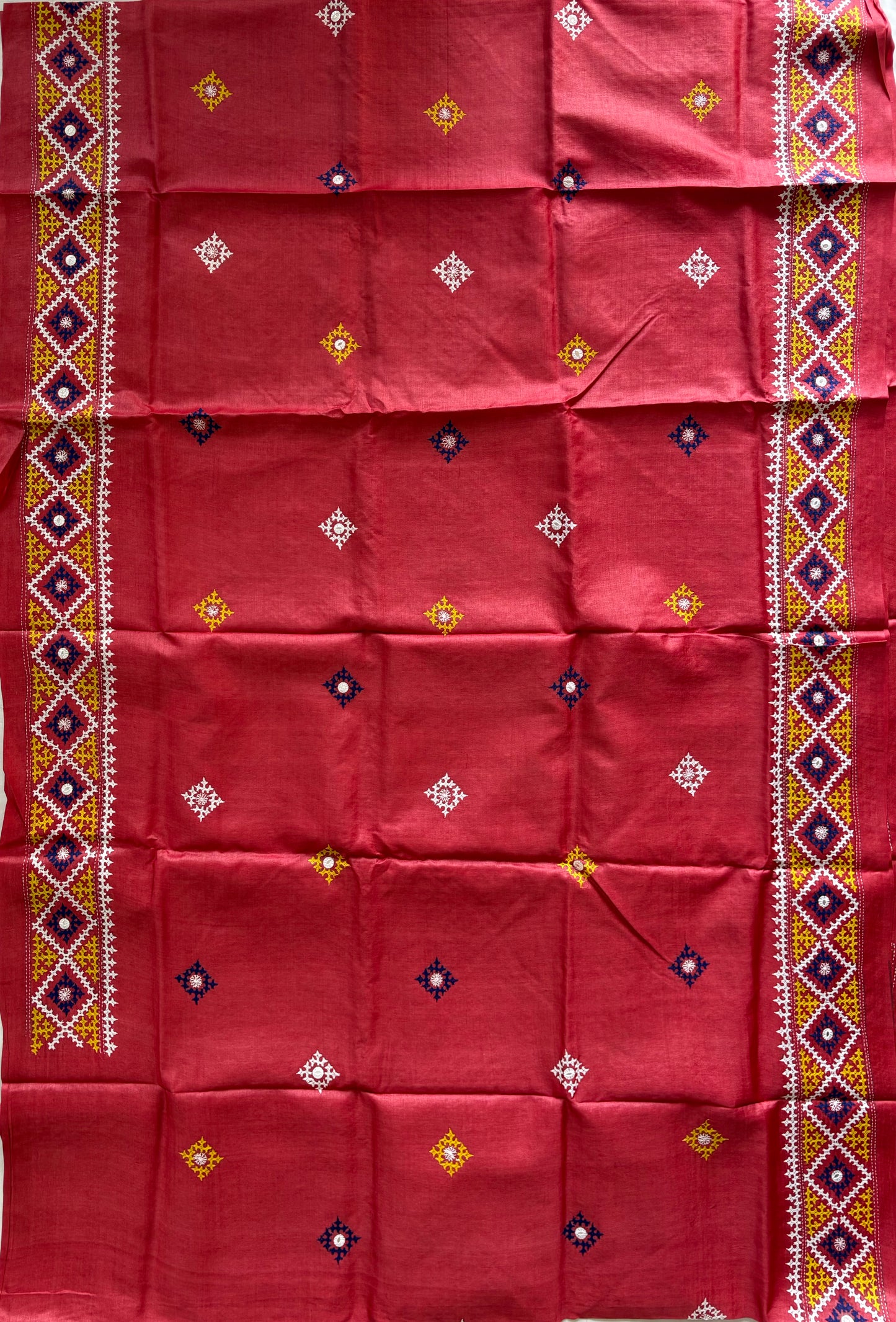 Kutchi Hand Embroidered Saree | Pure Tassar Silk | Silk Marked | Pinkish/Red