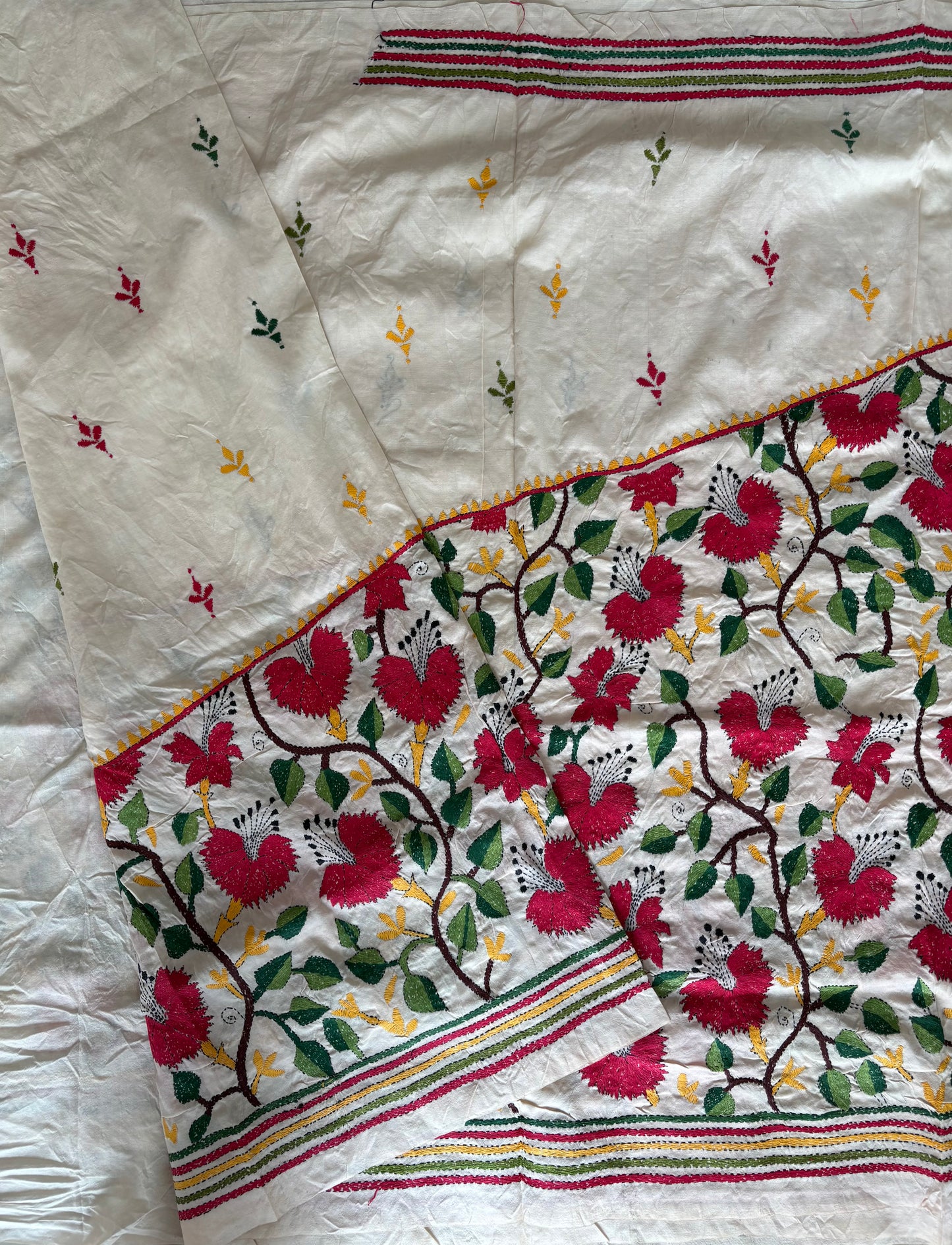 Off White Kantha Hand Embroidered Tussar Silk Saree
