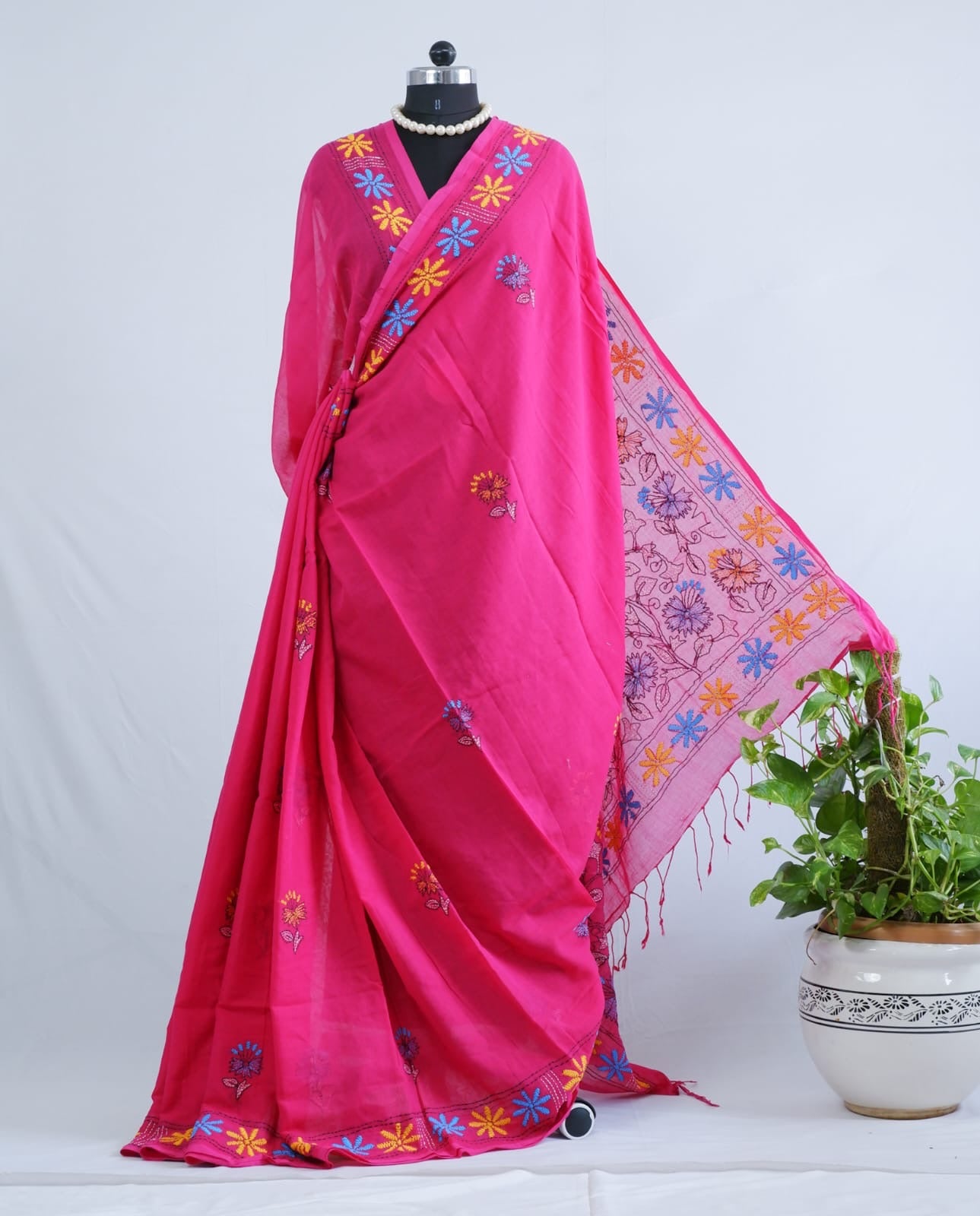 Kantha stitch Hand Embroidered Pure mul Cotton Saree