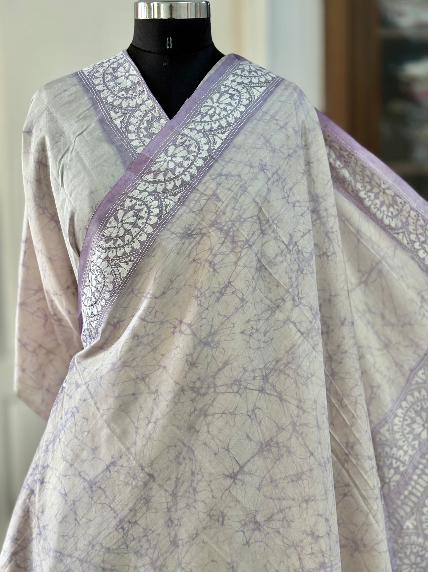 Hand Embroidered Kantha Stitch Saree in Artificial Silk