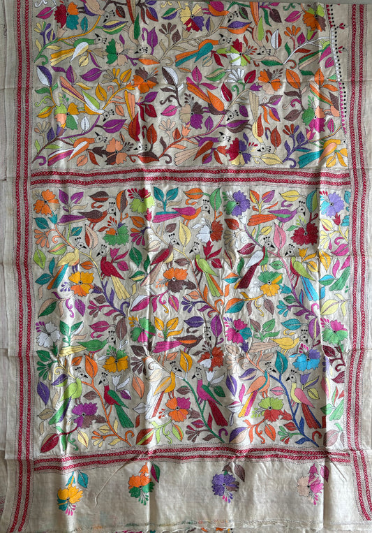 Kantha Stitch Hand Embroidered Pure Gachi Tussar Silk Saree