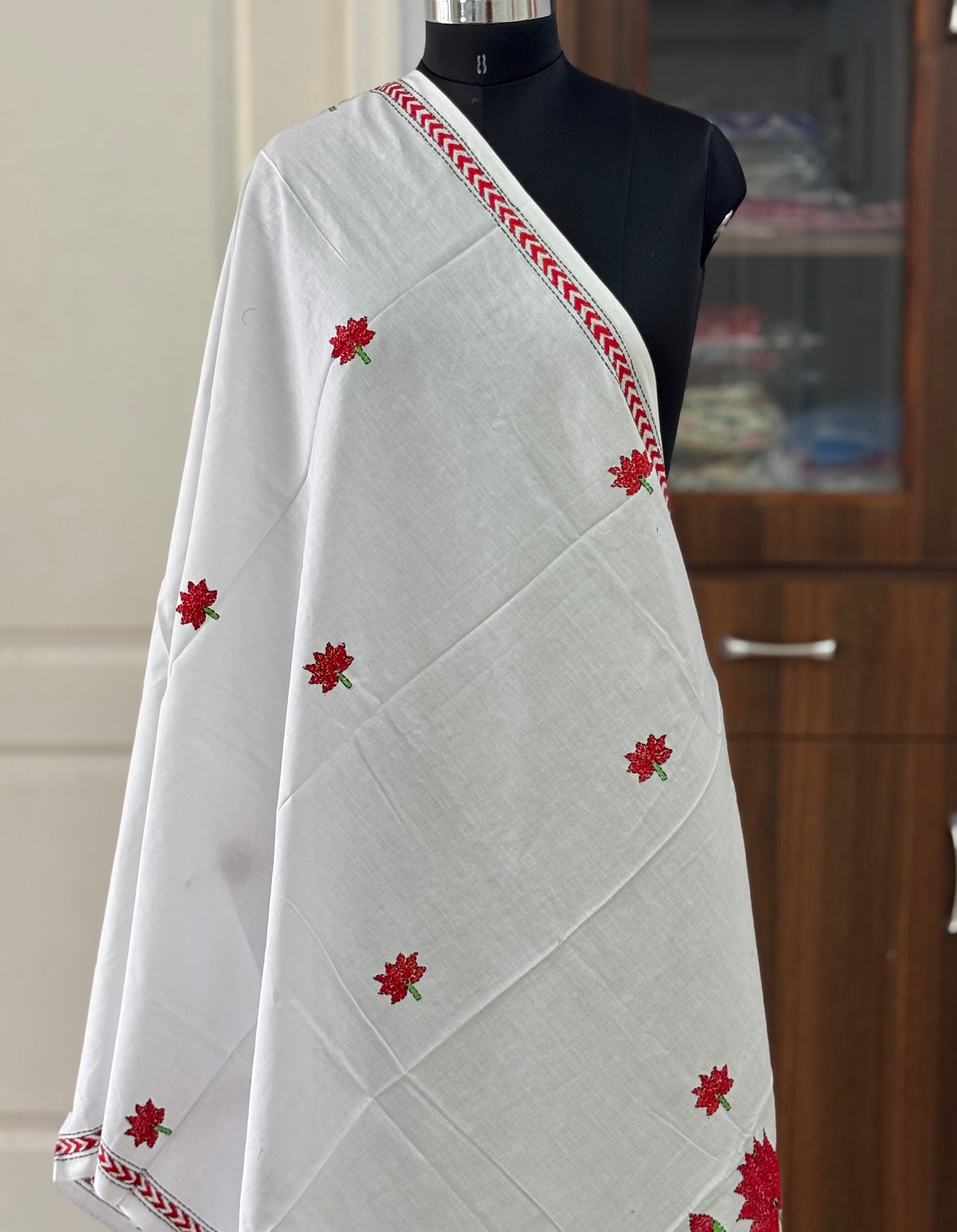 Kantha Hand Embroidary Full Work Pure Cotton Dupatta- white “36”