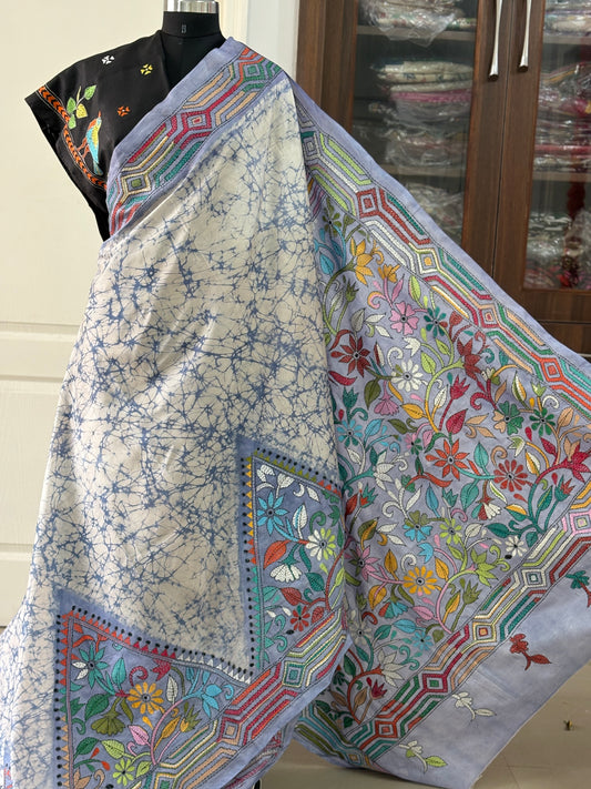 Kantha Hand Embroidered Hand Batik Art Silk Saree With Blouse