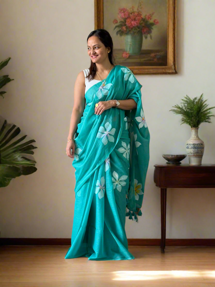 Hand Painted Mul Cotton Saree - Sea Green