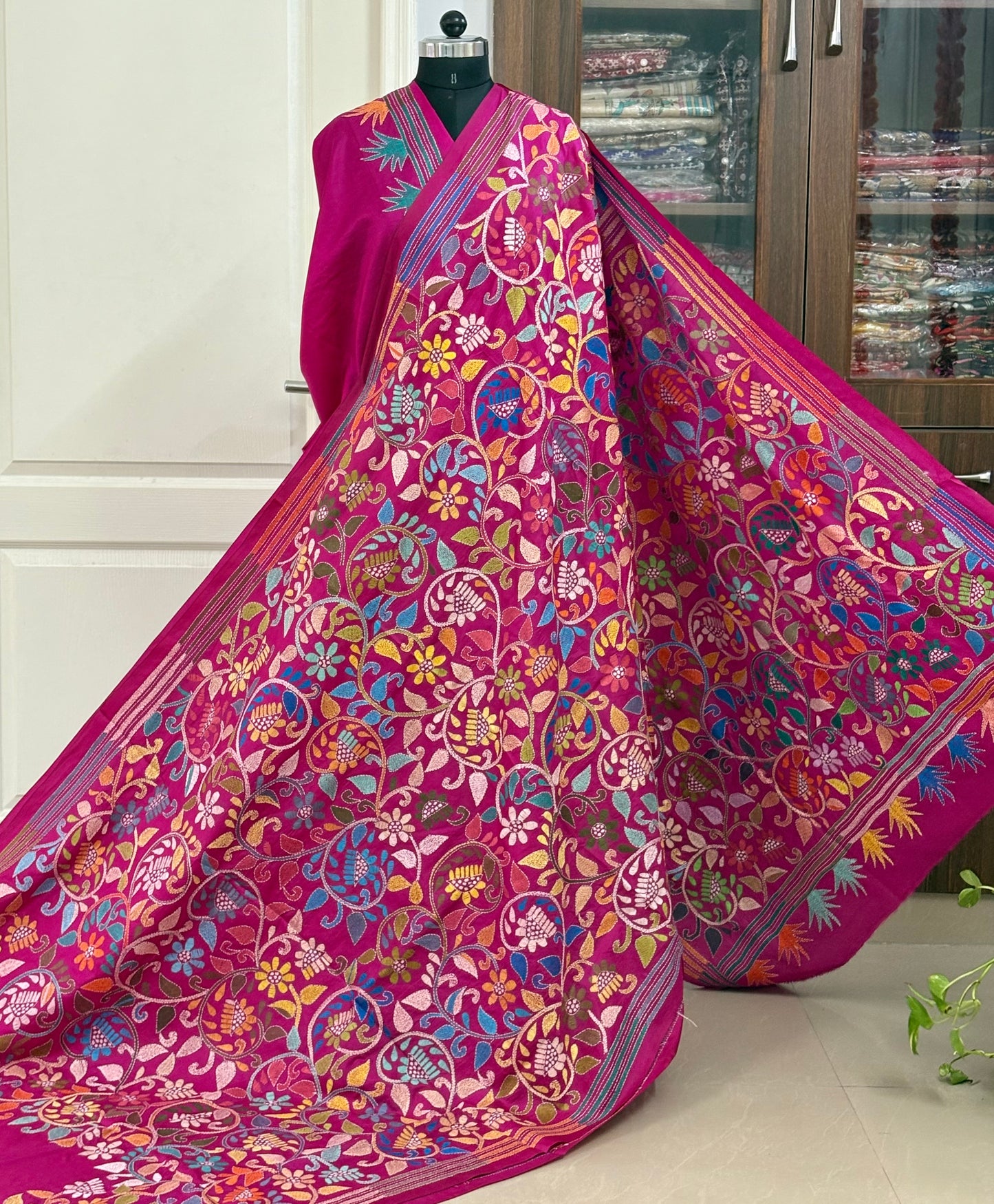 Kantha Stitch Hand Embroidered Pure Banglore Silk Batik Saree (Silk Marked)