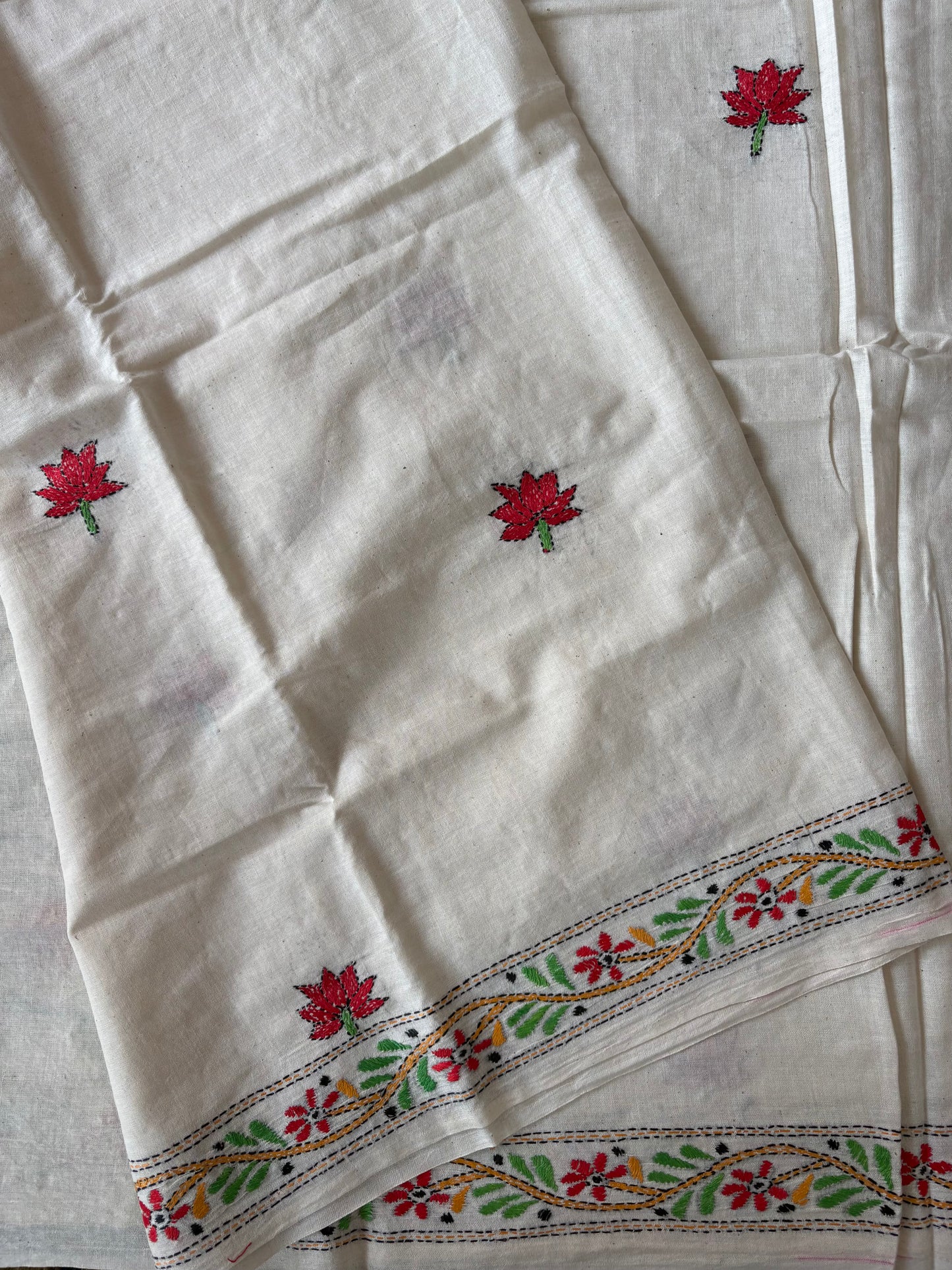 Kantha stitch Khadi Cotton Saree - off white