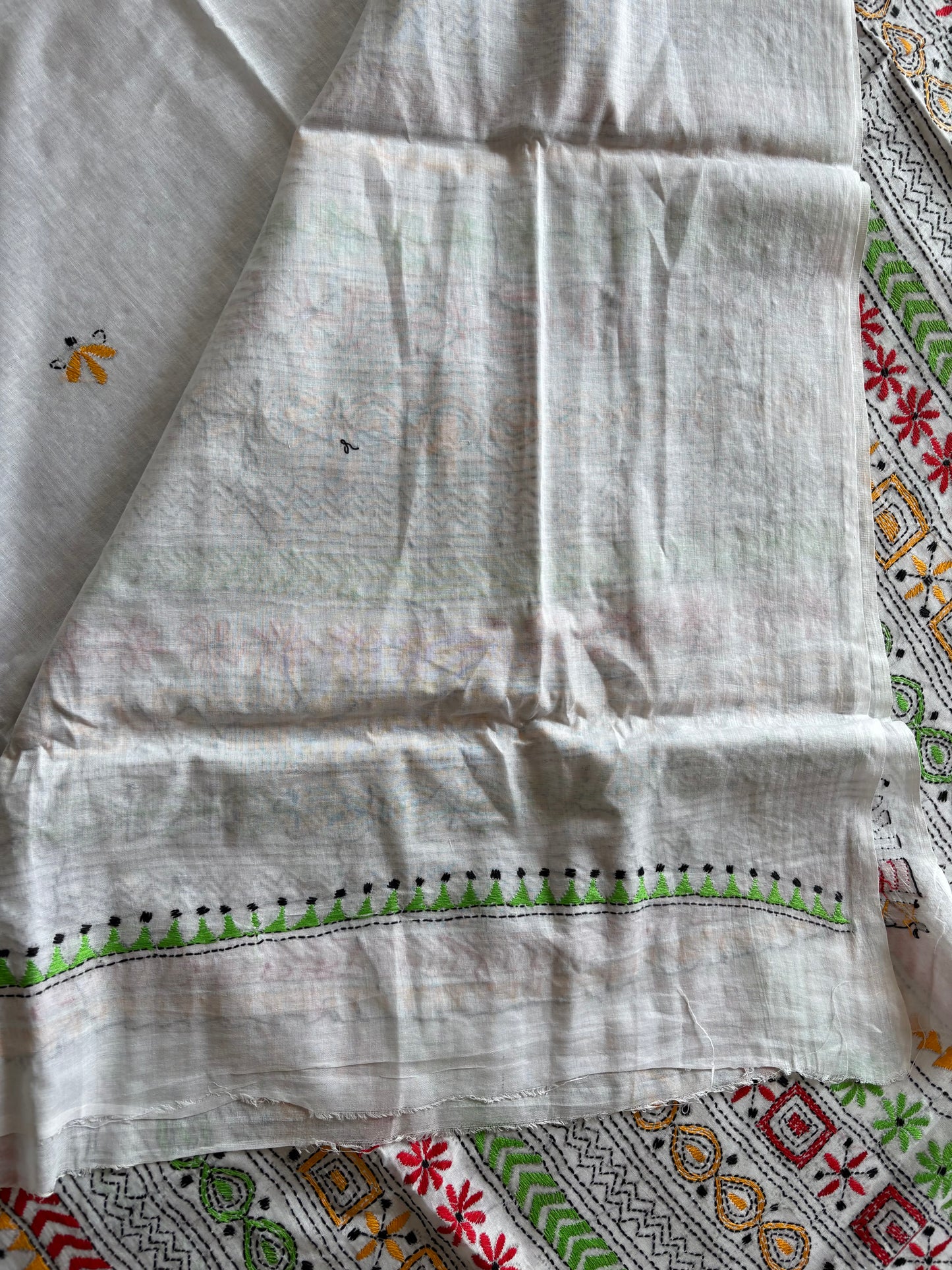 Kantha Hand Embroidered Pure Cotton Saree - white
