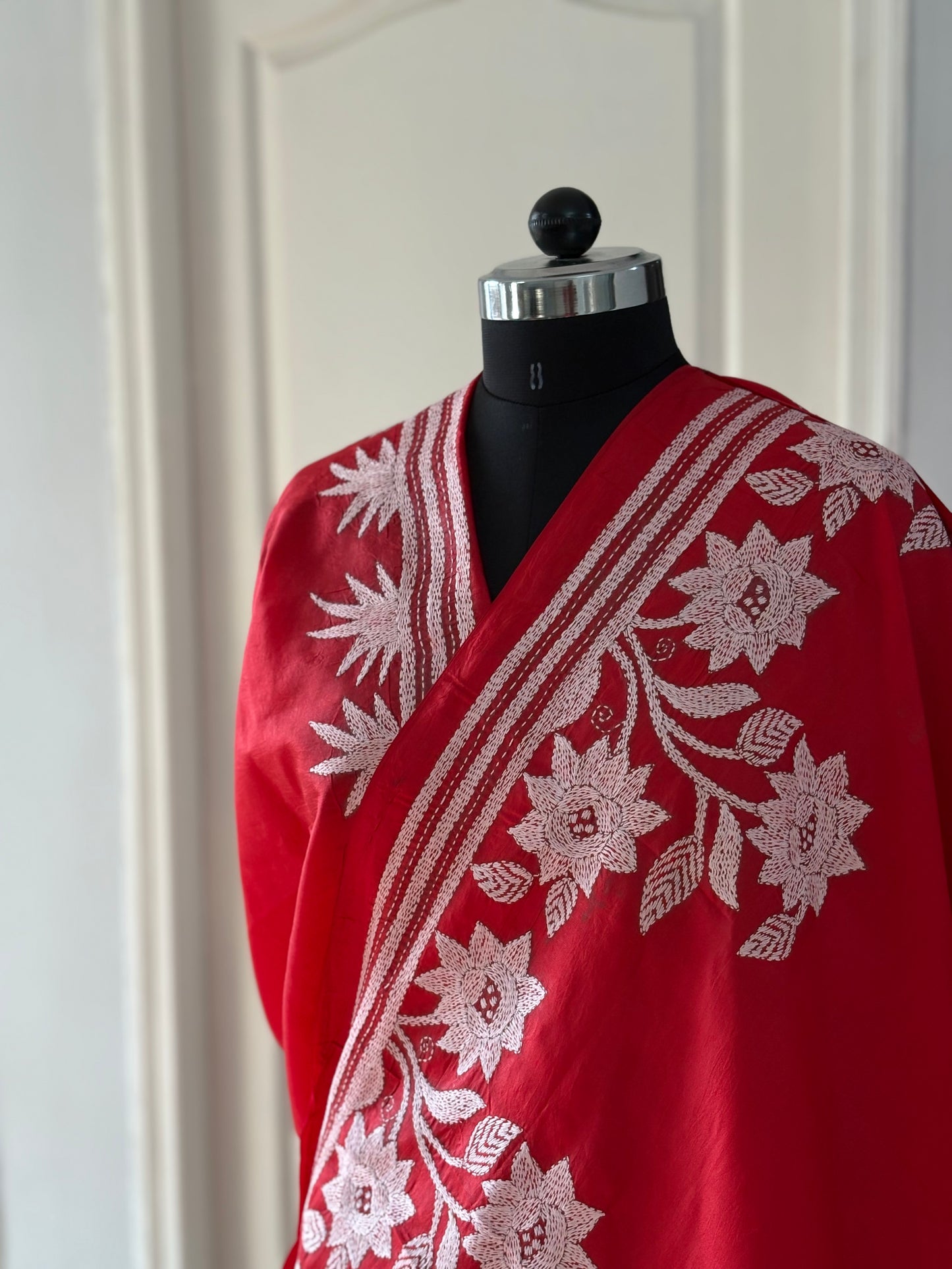 Kantha Stitch Hand Embroidered Pure Banglore Silk Saree (Silk Marked)