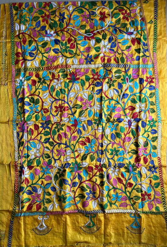 Kantha stitch Saree in blended Bangalore Silk