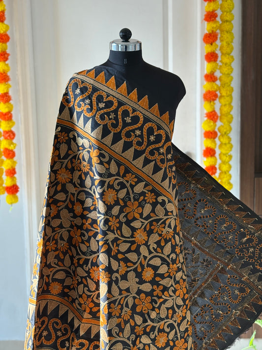 Kantha Hand Embroidary Full Work Pure Banglore Silk Dupatta. (With Silk Mark)