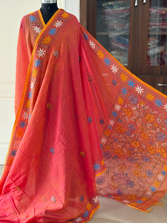 Kantha stitch Hand Embroidered Pure mul Cotton Saree