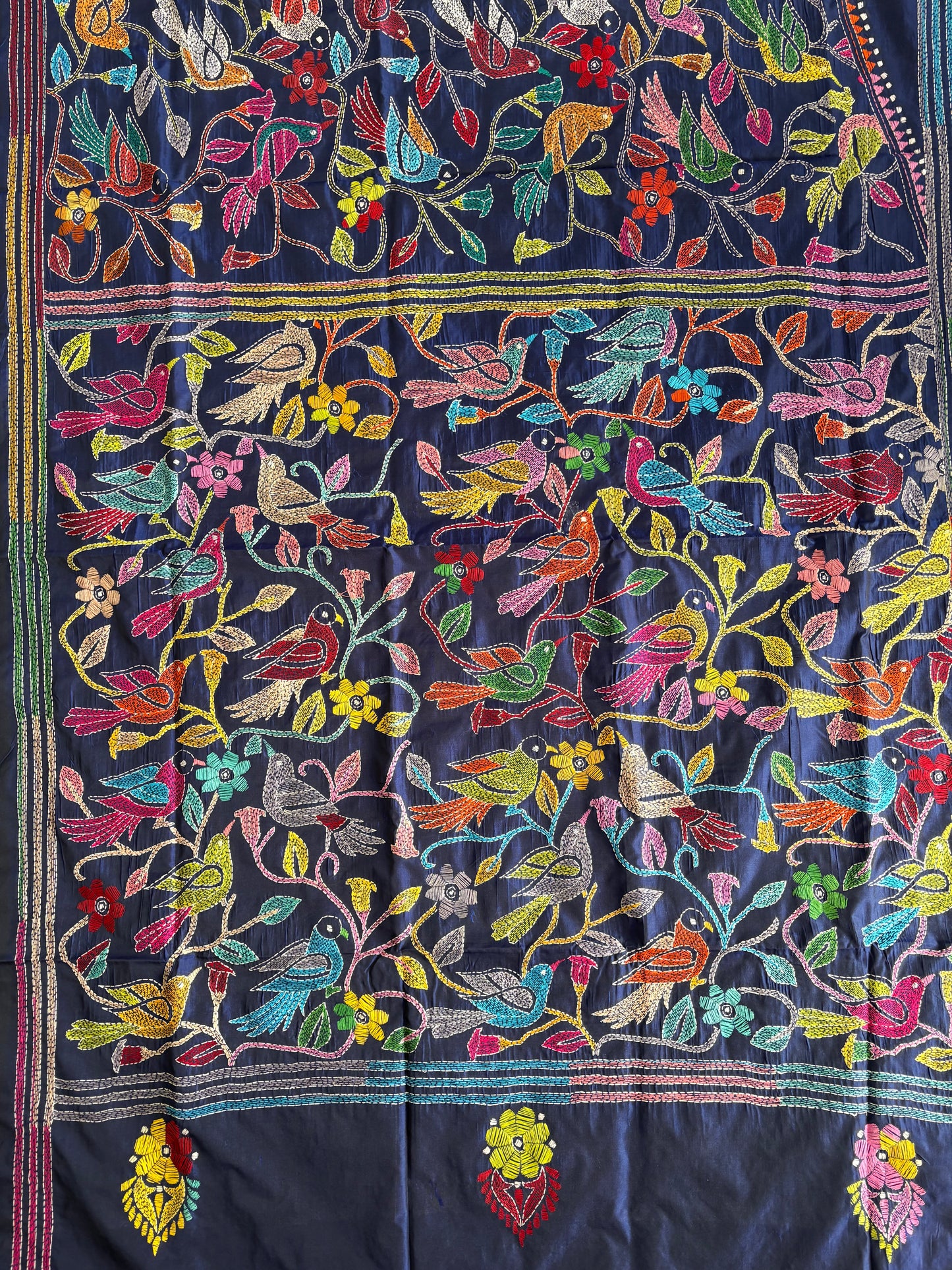 Kantha Hand Embroidered Blended Banglore Silk/Art Silk Saree With Blouse