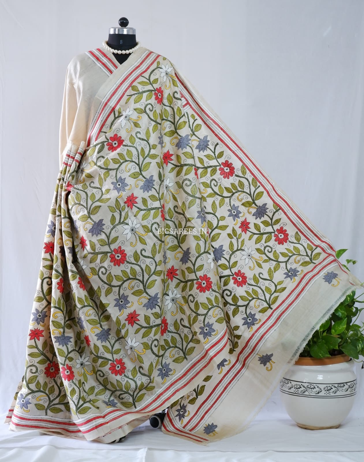 Kantha - Stitch Hand Embroidered Saree | Pure Gachi by Gachi Tussar Silk | Silk Mark Certified | Light Beige