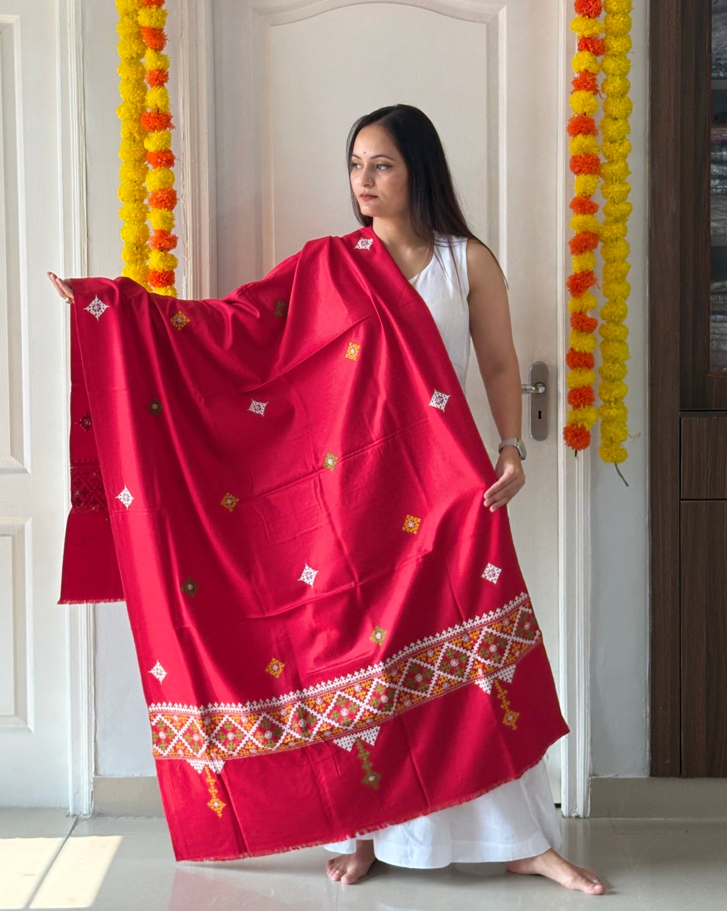 Gujrati Stitch Hand Embroidered Woollen Warm Shawl