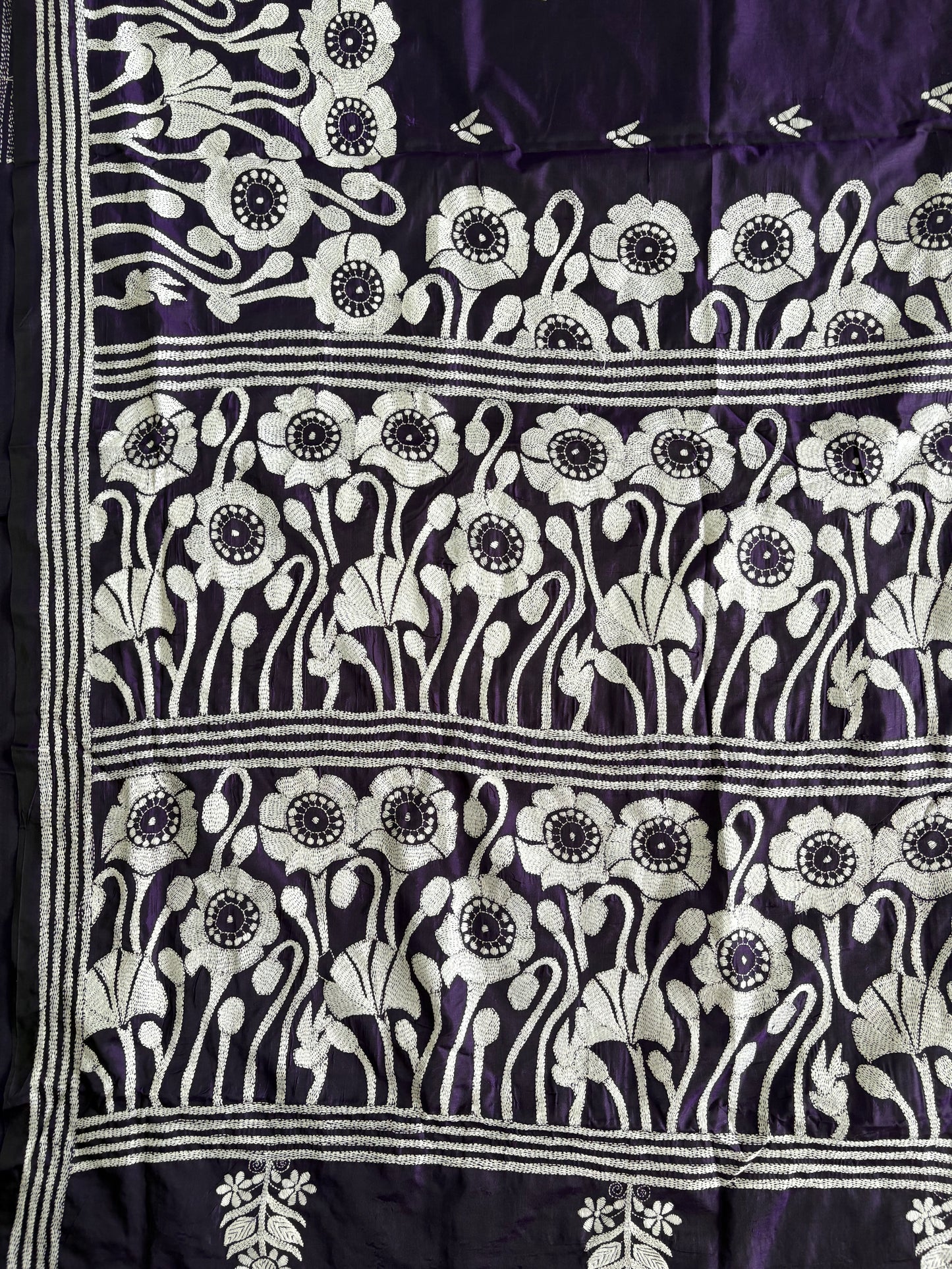 Kantha Stitch Hand Work Embroidered Art Silk Saree With Blouse