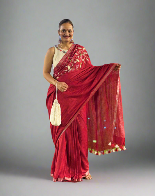 Pure Linen Saree With running Blouse - Red