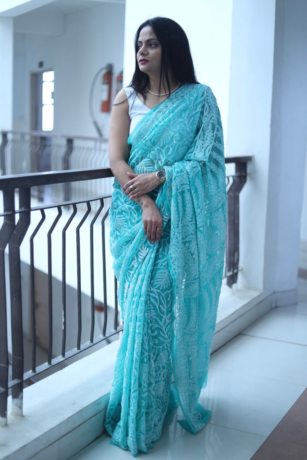 Blue Georgette Chikankari Work Hand Embroidered Saree