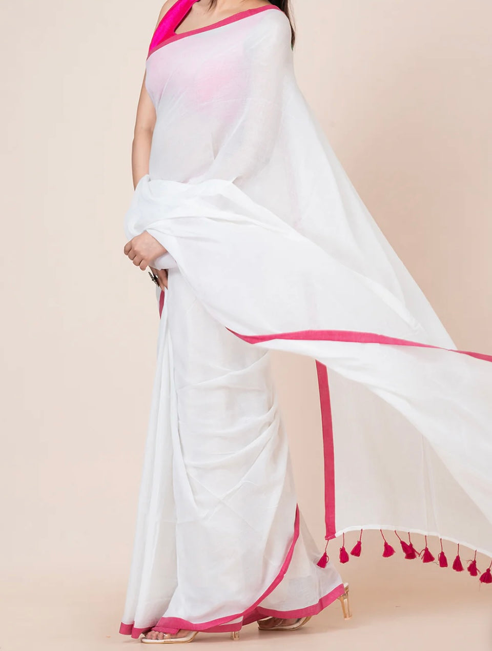 Plain Mul Cotton Saree- White Pink