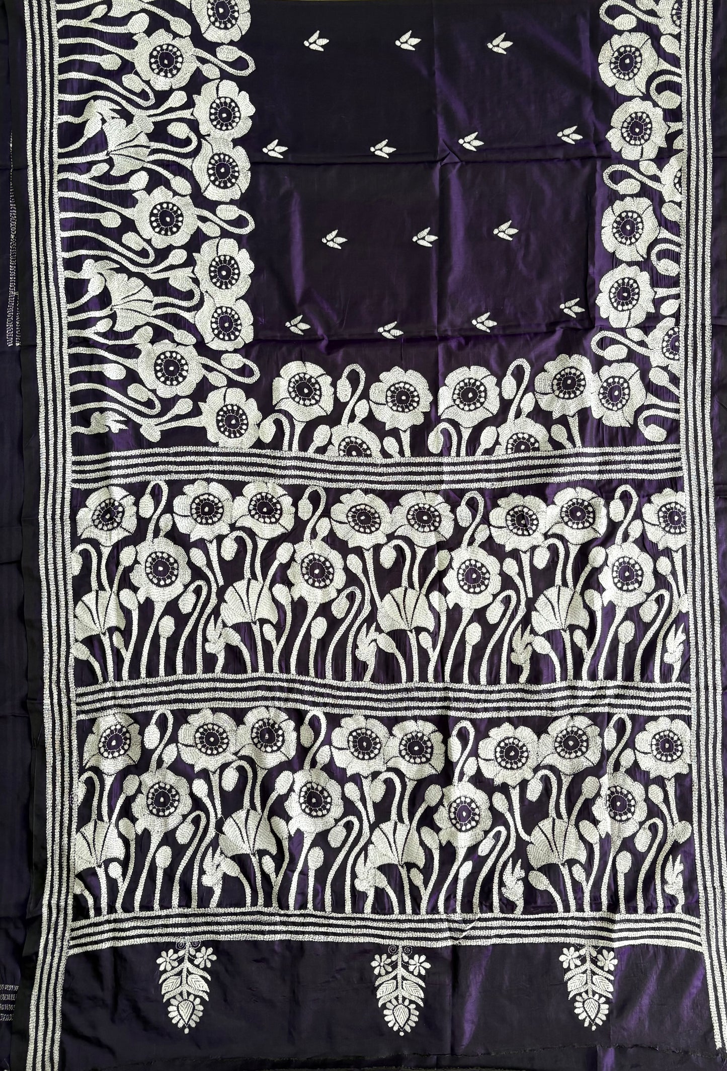 Kantha Stitch Hand Work Embroidered Art Silk Saree With Blouse