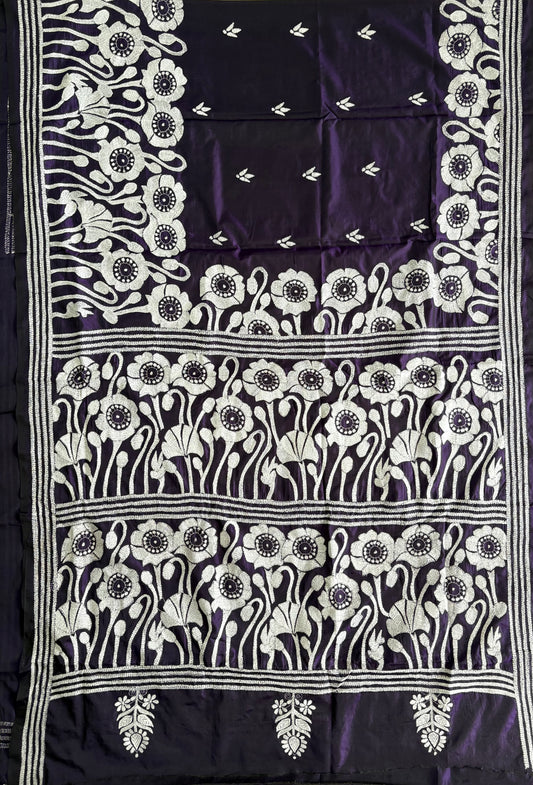 Kantha Stitch Hand Work Embroidered Art Silk Saree With Blouse