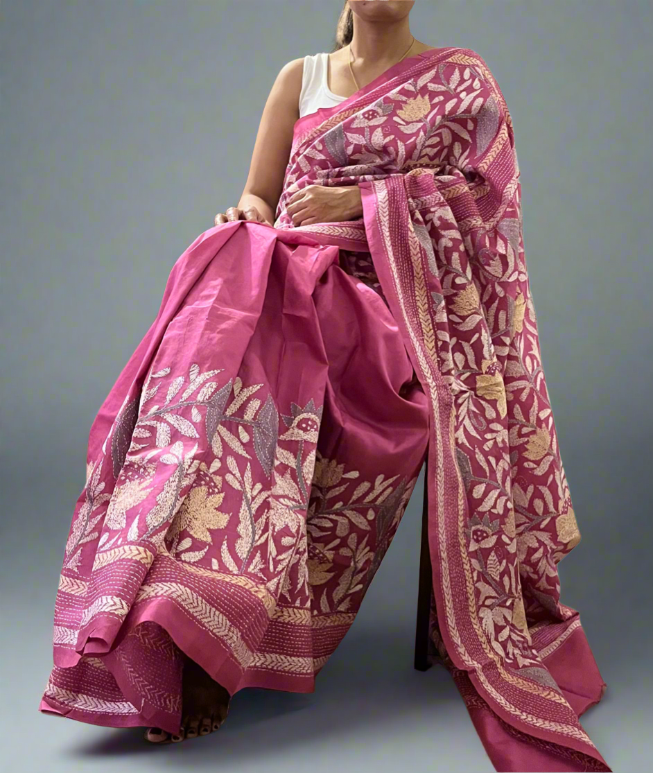 Pink Kantha Hand Embroidered Pure Banglore Silk Saree (Silk Marked)