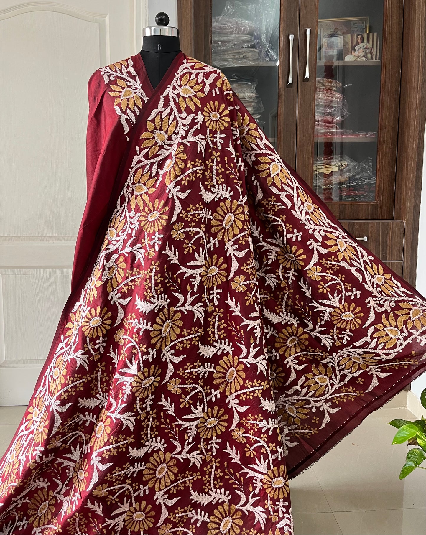 Maroon Kantha Stitch Hand Embroidered Pure Banglore Silk Saree