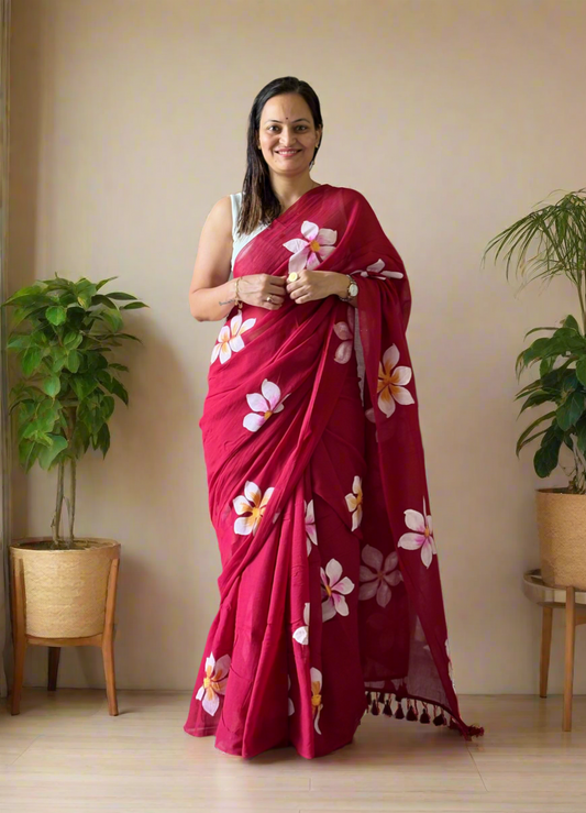 Hand Painted Mul Cotton Saree - Magenta