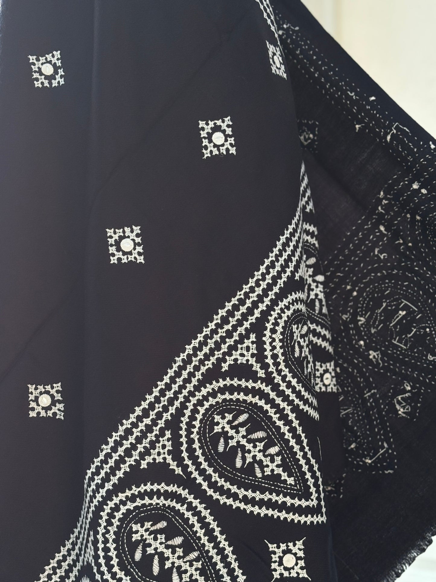 Gujrati Stitch Hand Embroidered Woollen Warm Shawl- Blue