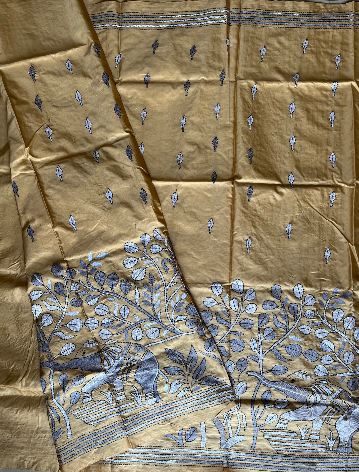 Beige Kantha Hand Work Embroidered Art Silk Saree With Blouse