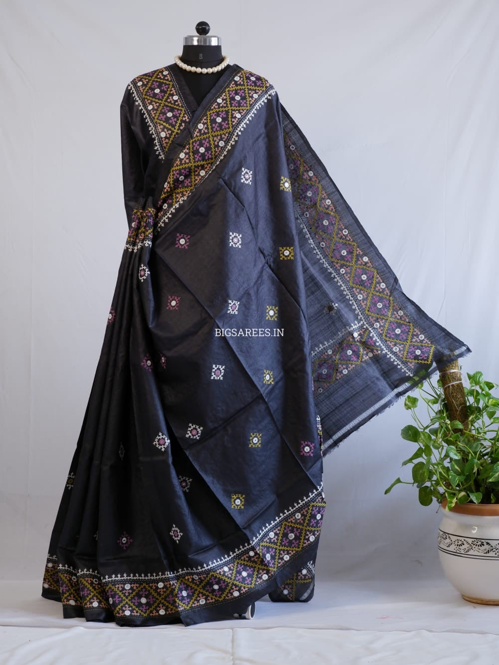 Kutchi Hand Embroidered Saree | Tassar Silk | Silk Marked | Black