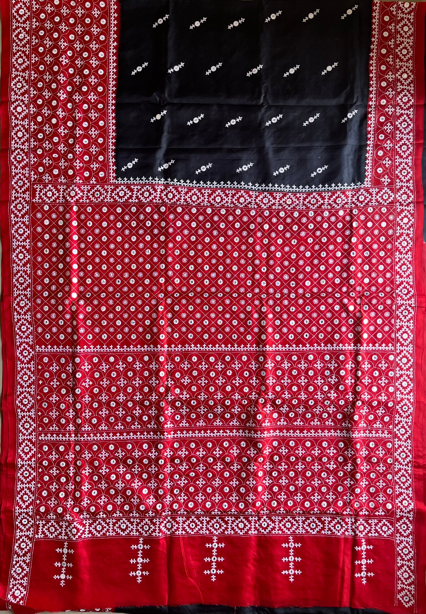 Red Black Kutch Hand Embroidered Pure Banglore Silk Saree