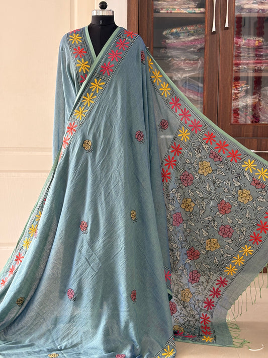 Kantha stitch Hand Embroidered Pure mul Cotton Saree