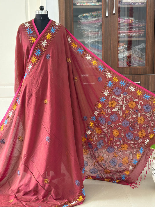 Kantha stitch Hand Embroidered Pure mul Cotton Saree