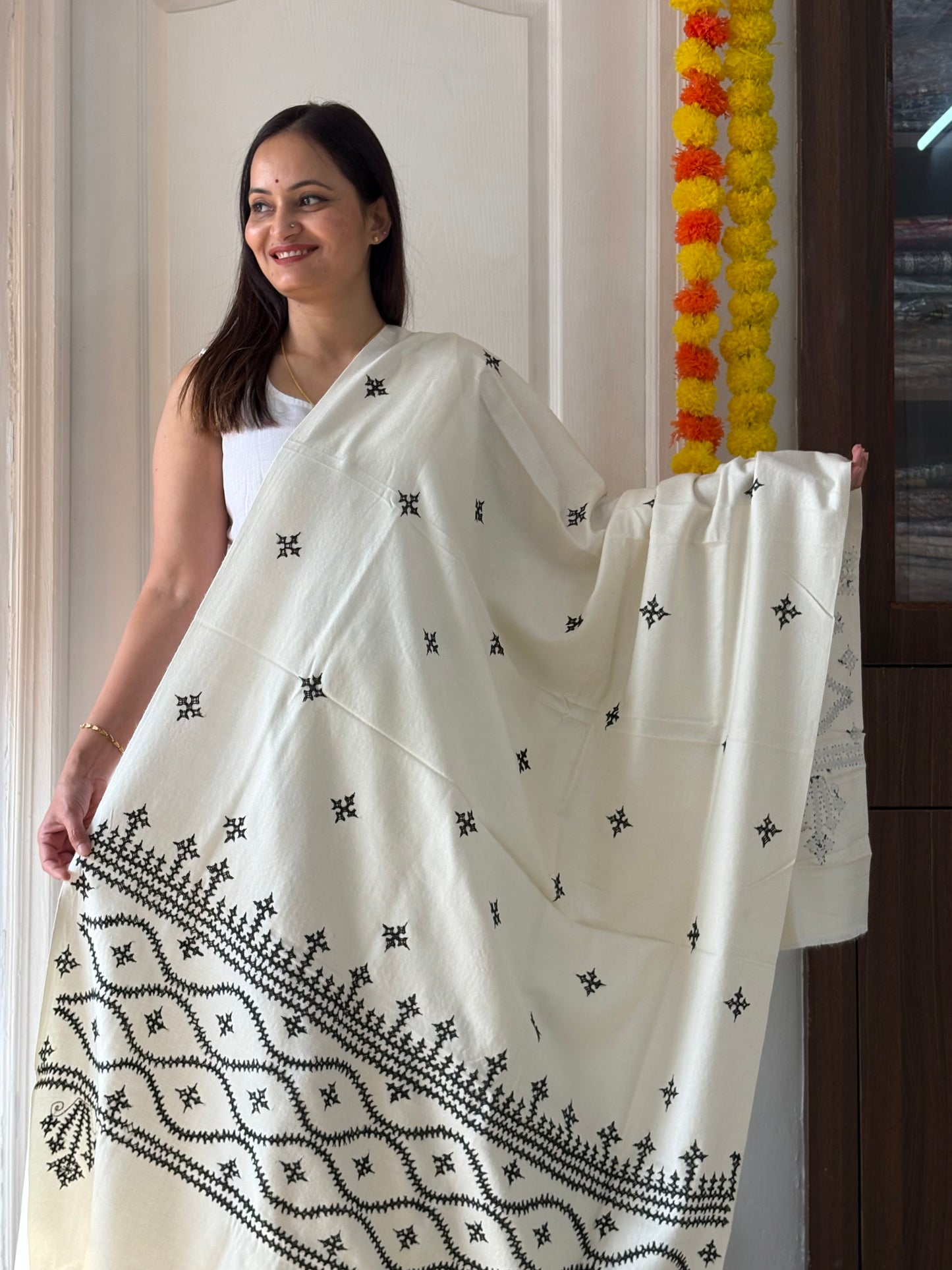 Gujrati Stitch Hand Embroidered Woollen Warm Shawl (off white)