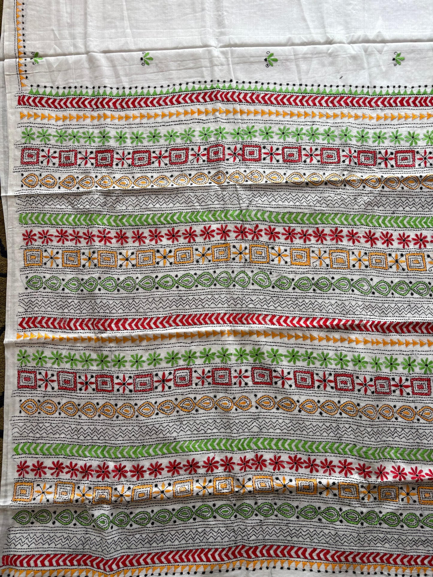 Kantha Hand Embroidered Pure Cotton Saree - white