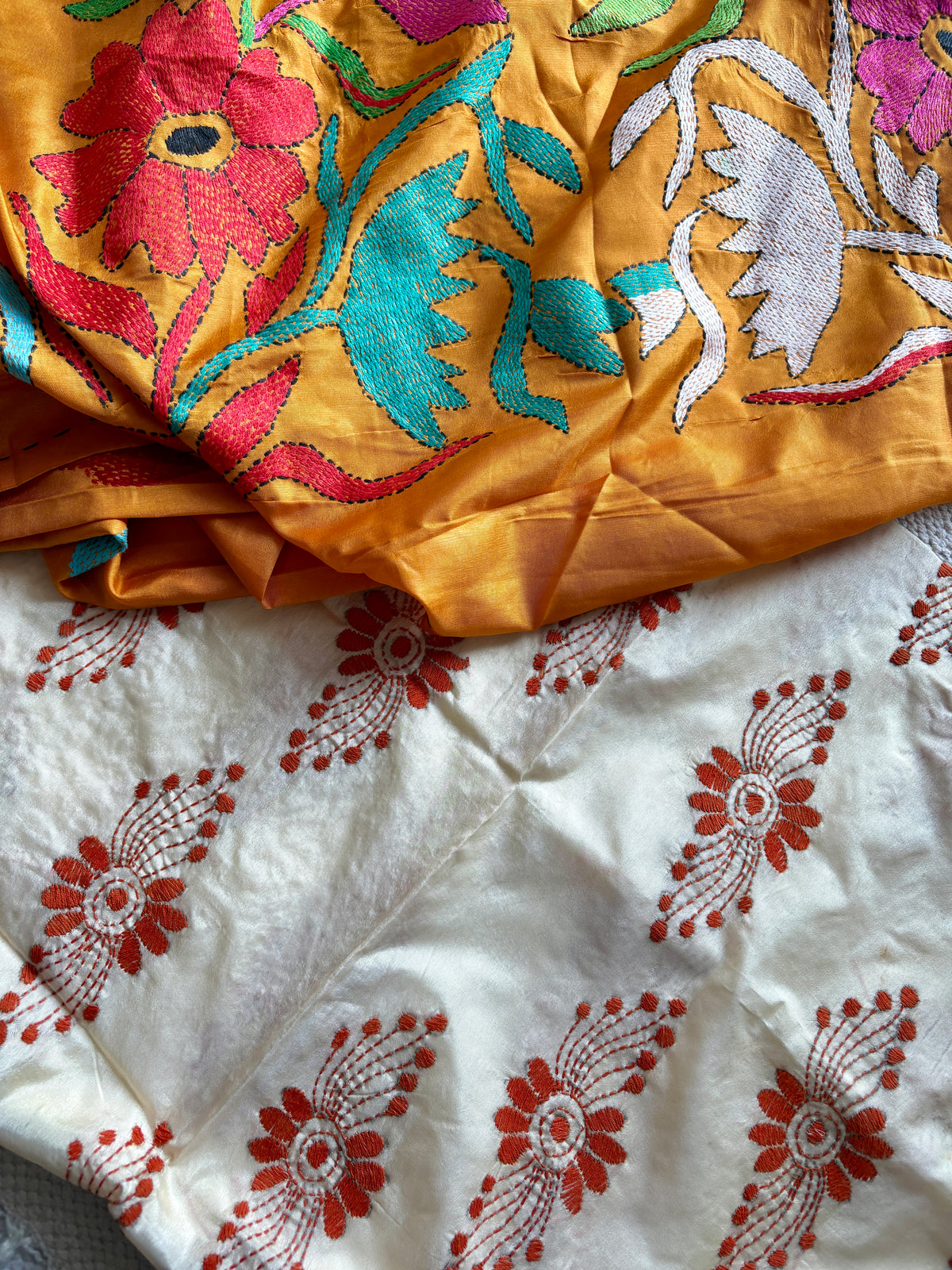 Kantha Stitch Hand Embroidered Saree | Blended Bangalore Silk / Art Silk | Muted Yellow