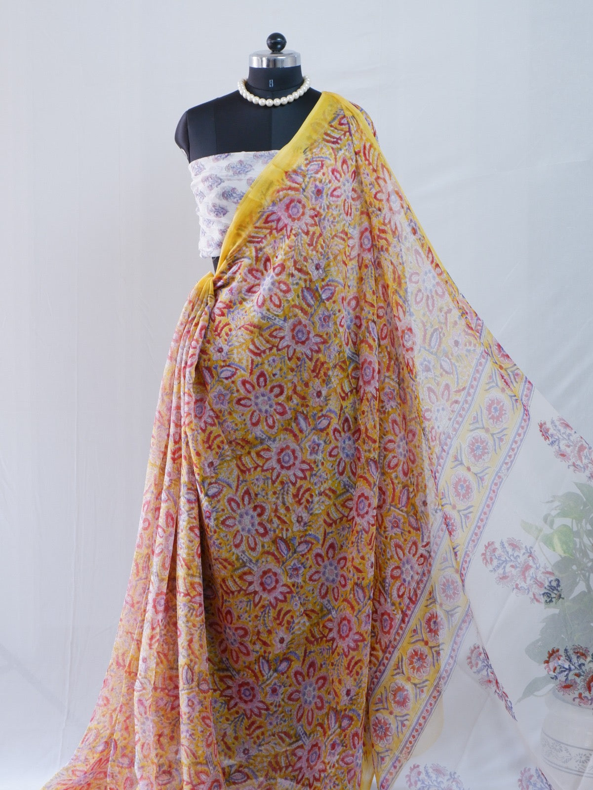 Hand Block Print Saree | Pure Chiffon | Yellow