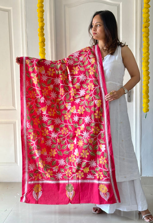 Kantha Hand Embroidary Full Work Pure Cotton Dupatta-Pink “36”