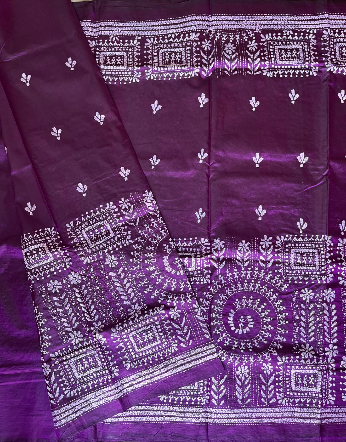 Purple Kantha Stitch Hand Embroidered Pure Banglore Silk Saree